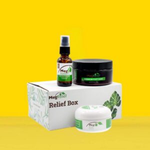 MegRelief Relief Bundle with MegRub topical cream, MegRelief spray, and MegSoak bath soak for natural muscle and pain relief.